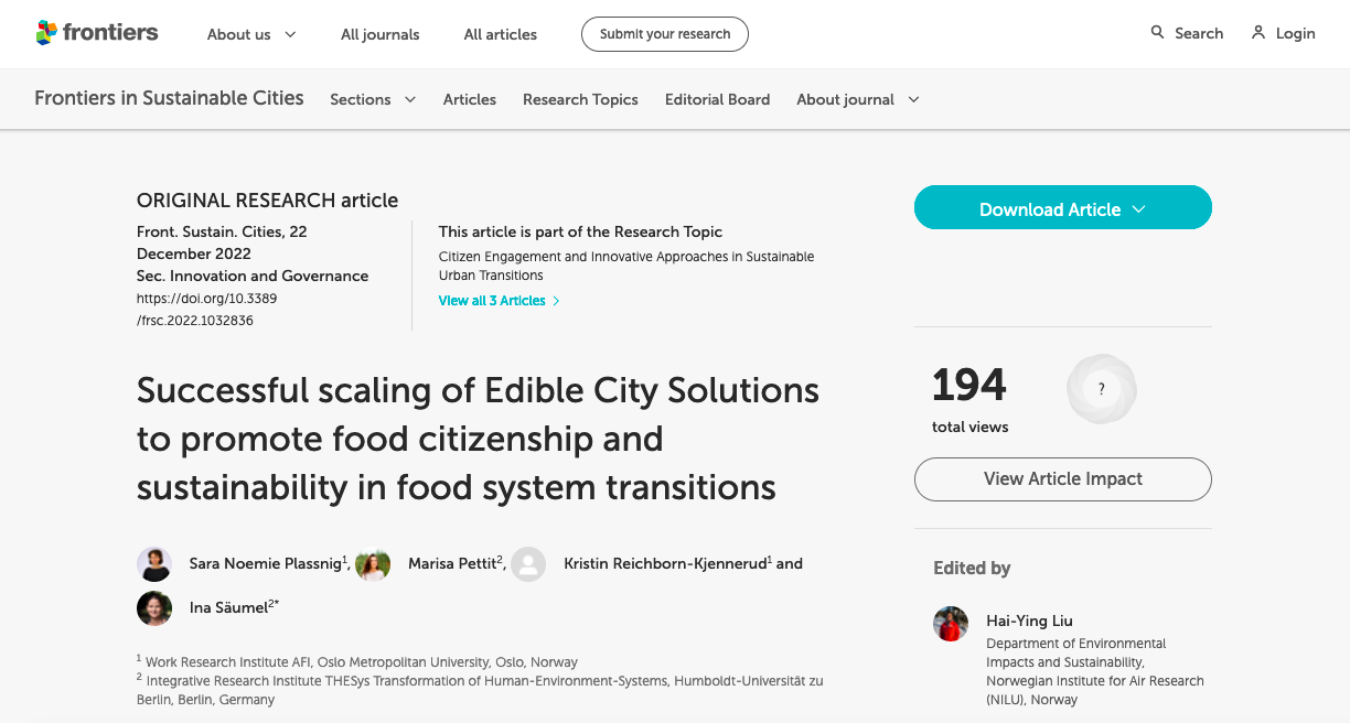 Successful scaling of Edible City Solutions to promote food citizenship and sustainability in food system transitions